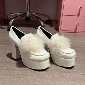 White Platform Loafers w. Maribou